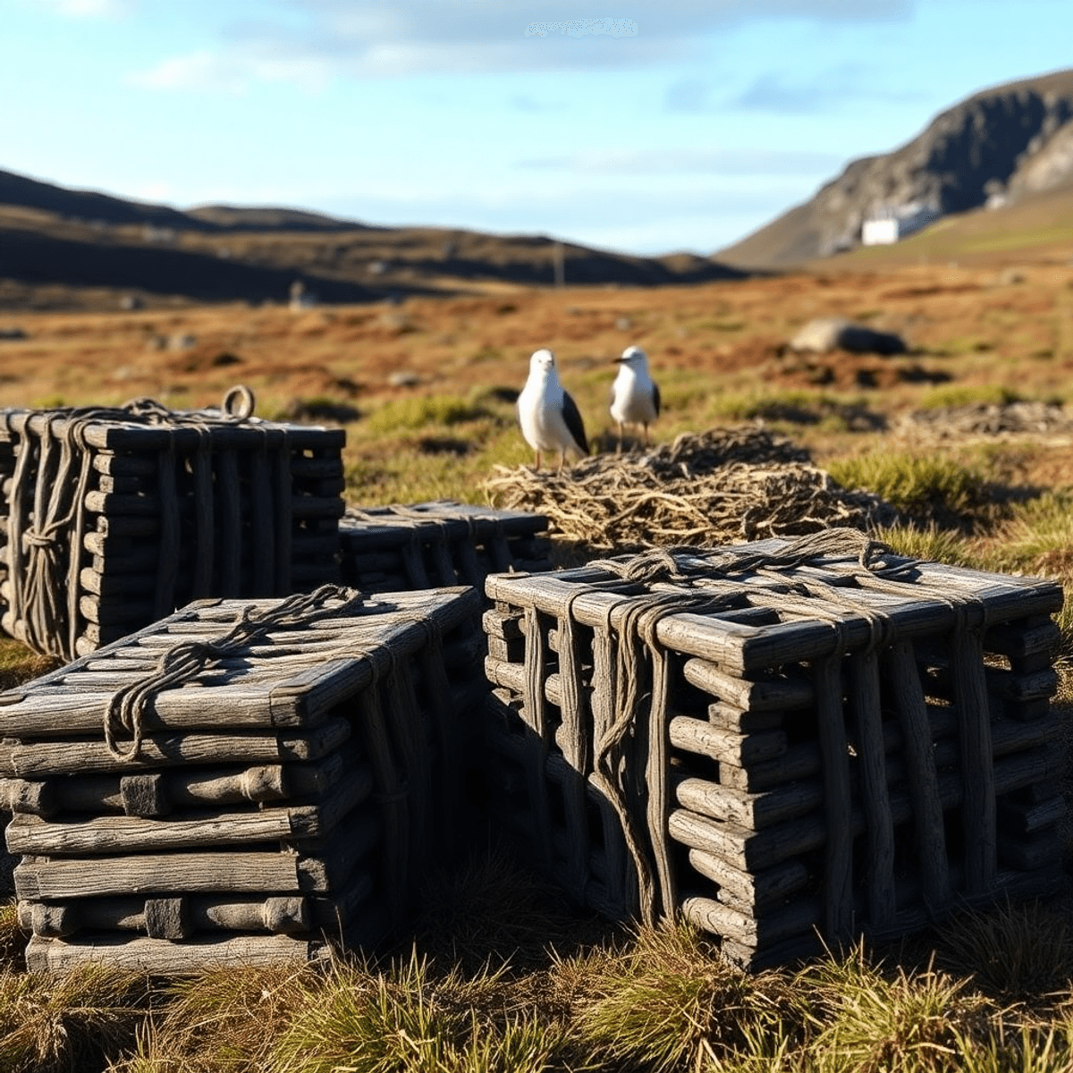 A tranquil Newfoundland landscape with rustic wooden traps and a Common Murre in the background, capturing the beauty of nature and traditional trapping methods.