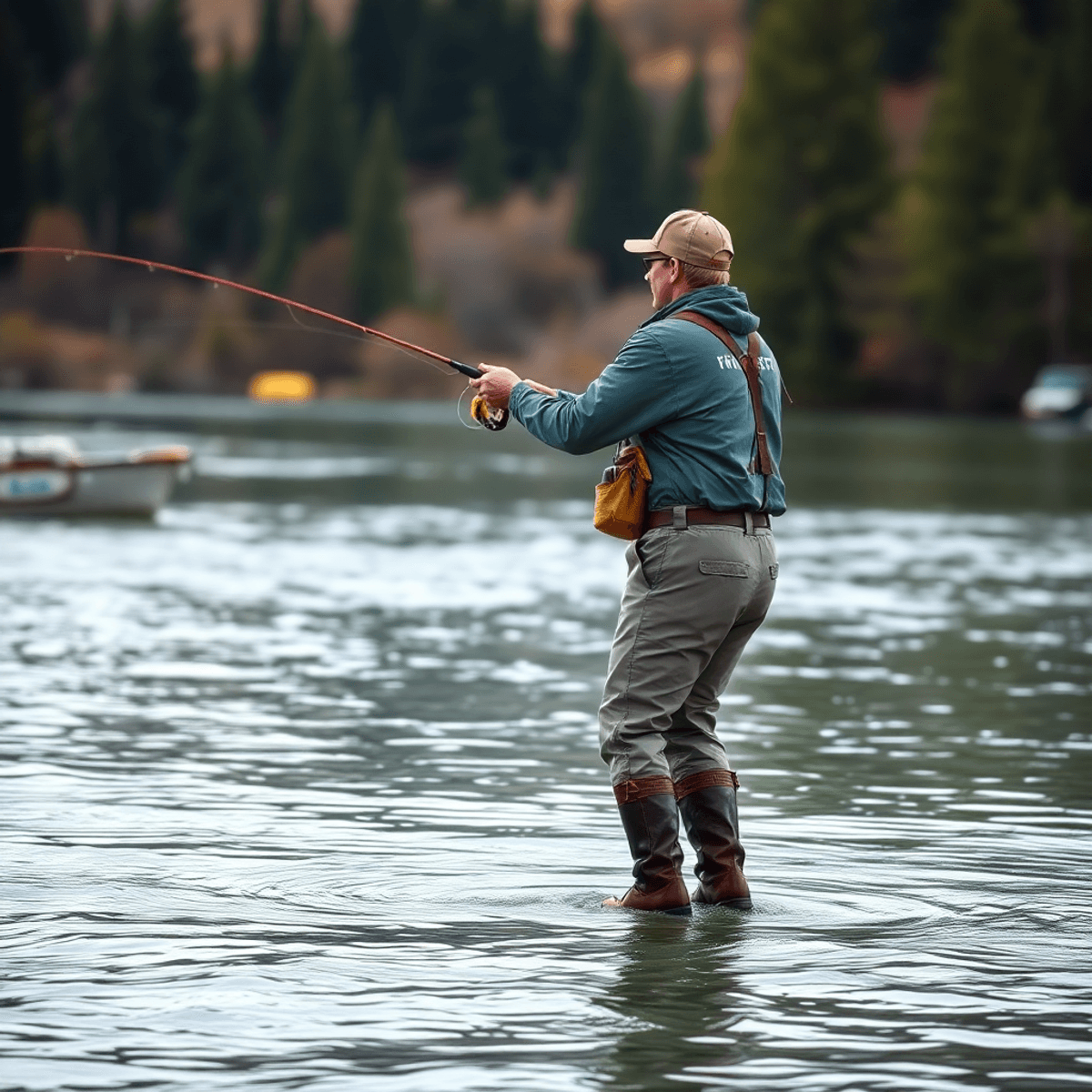 A professional fly fisherman in high-quality waders casts a line into a serene river, surrounded by lush nature, evoking adventure and craftsmanship.