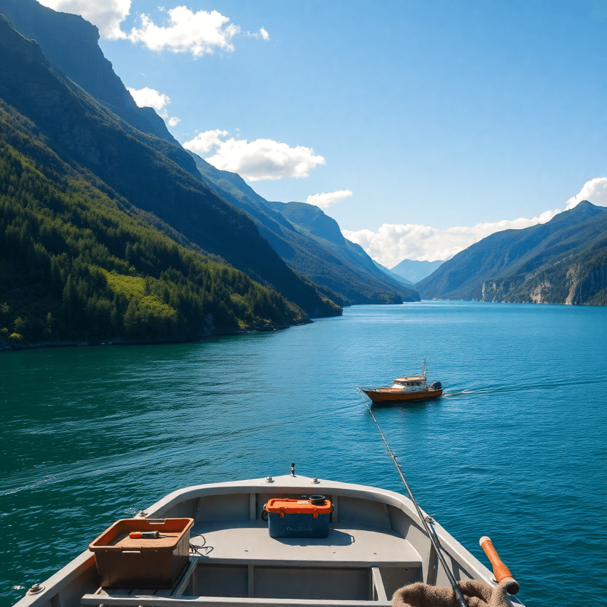 Fishing Destinations.  A scenic view of Saguenay Fjord with lush green hills and sparkling blue waters, featuring a fishing boat on the water alongside fishing rods and tackle boxes.