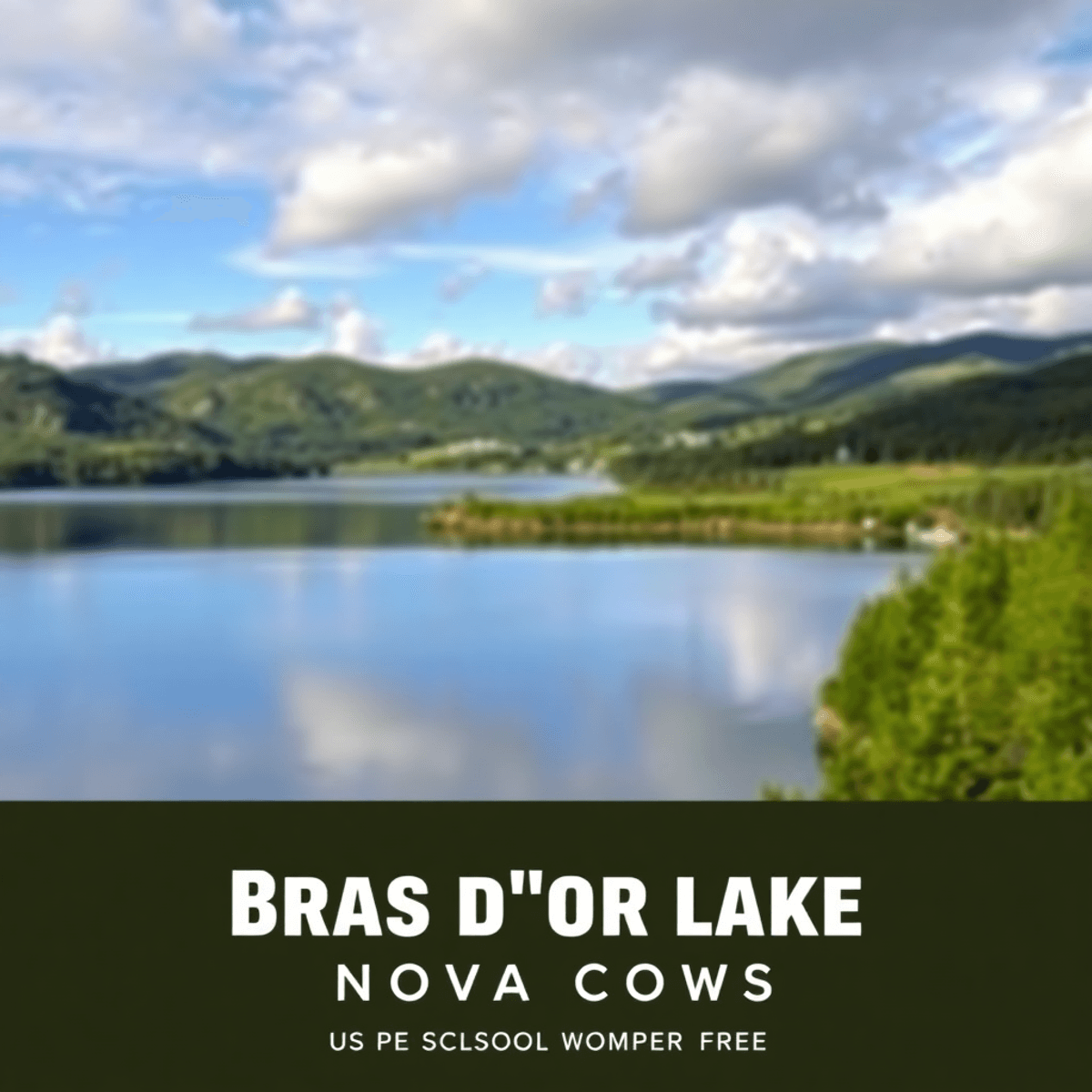 A tranquil view of Bras d'Or Lake with calm waters mirroring the sky, surrounded by lush greenery and hills, featuring fishing gear and a boat.  Fishing Destinations