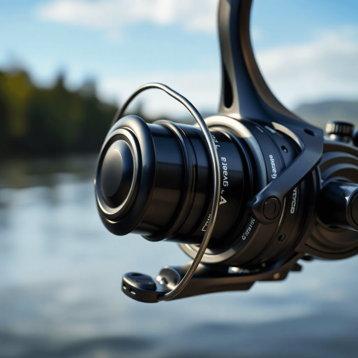 highlighting the Carbon Matrix drag system, set against a serene lake backdrop, evoking adventure in fishing.