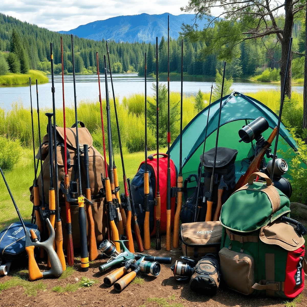 A colorful display of hunting and fishing gear, including rods, reels, tents, and backpacks, set against a lush green backdrop and a tranquil lake.