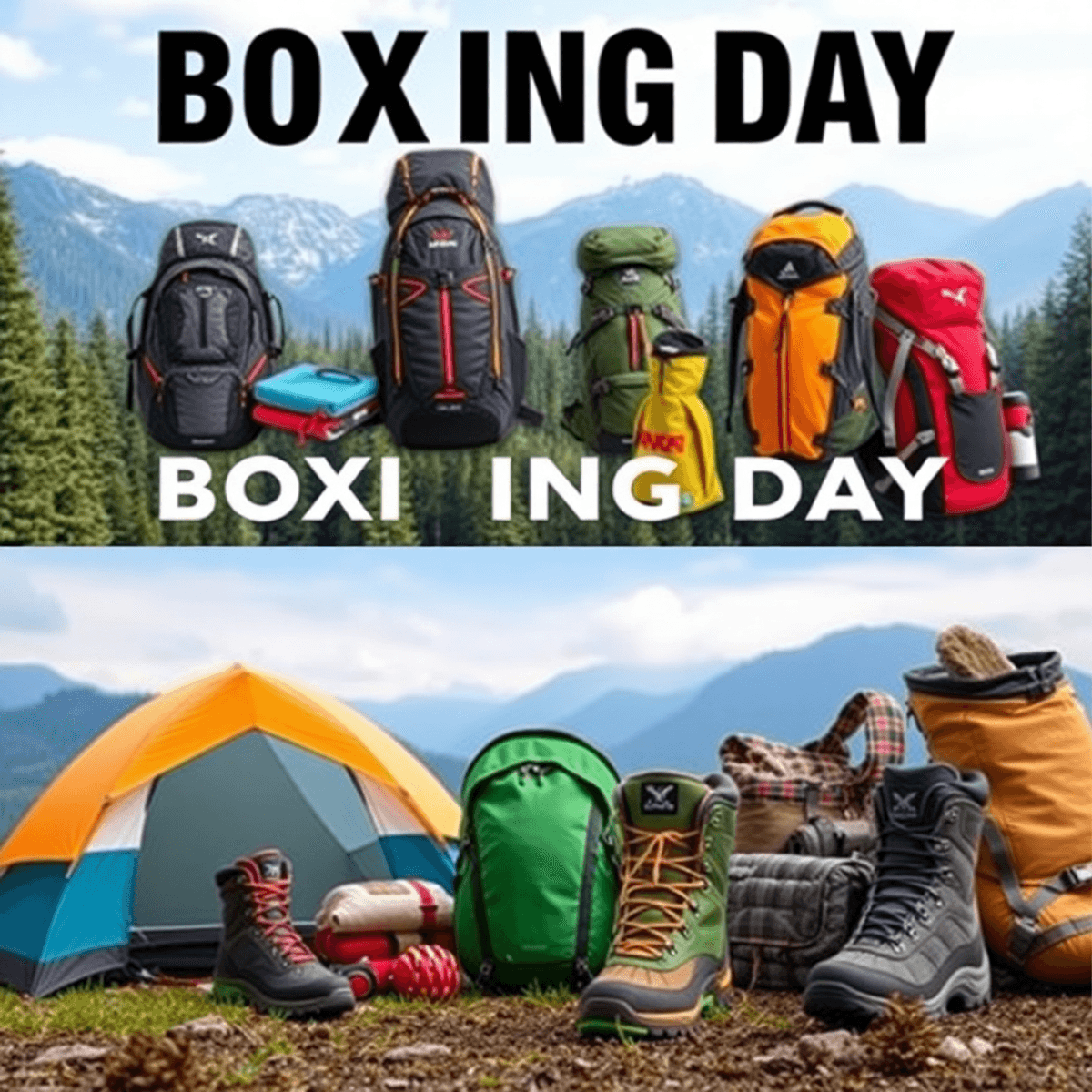 A colorful outdoor display of tents, backpacks, and hiking boots with subtle holiday decorations, set against a stunning natural landscape of mountains and trees.