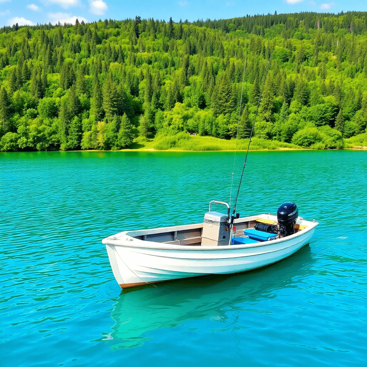 A peaceful fishing scene at North Lake, with a vibrant blue lake, lush greenery, and a fishing boat gently floating, complete with a fishing rod and tackle box.  Fishing Destinations