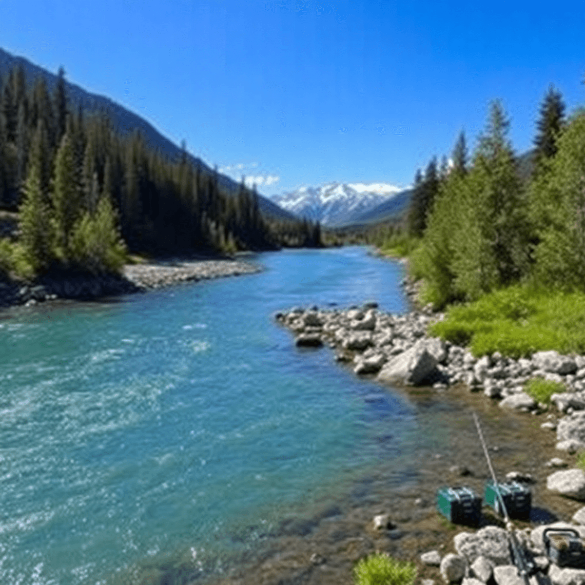 Fishing Destinations.  A tranquil Bow River scene in Calgary with clear blue waters, lush greenery, rocky banks, rods, and tackle boxes, framed by distant mountains under a bright sky.