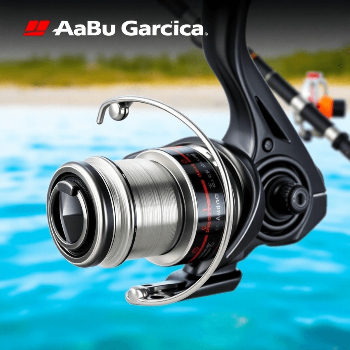 Close-up of the Abu Garcia Max Pro SP Reel highlighting its sleek design and stainless steel ball bearing system, with a peaceful fishing scene in the background.