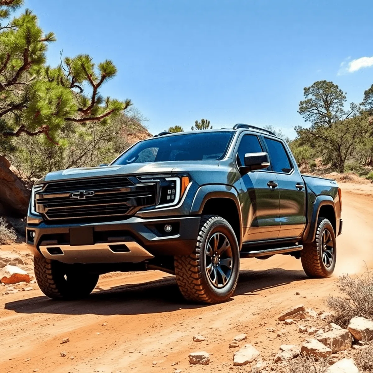 A sleek electric pickup truck navigates a rugged landscape, surrounded by trees and rocky terrain under a bright, sunny sky.