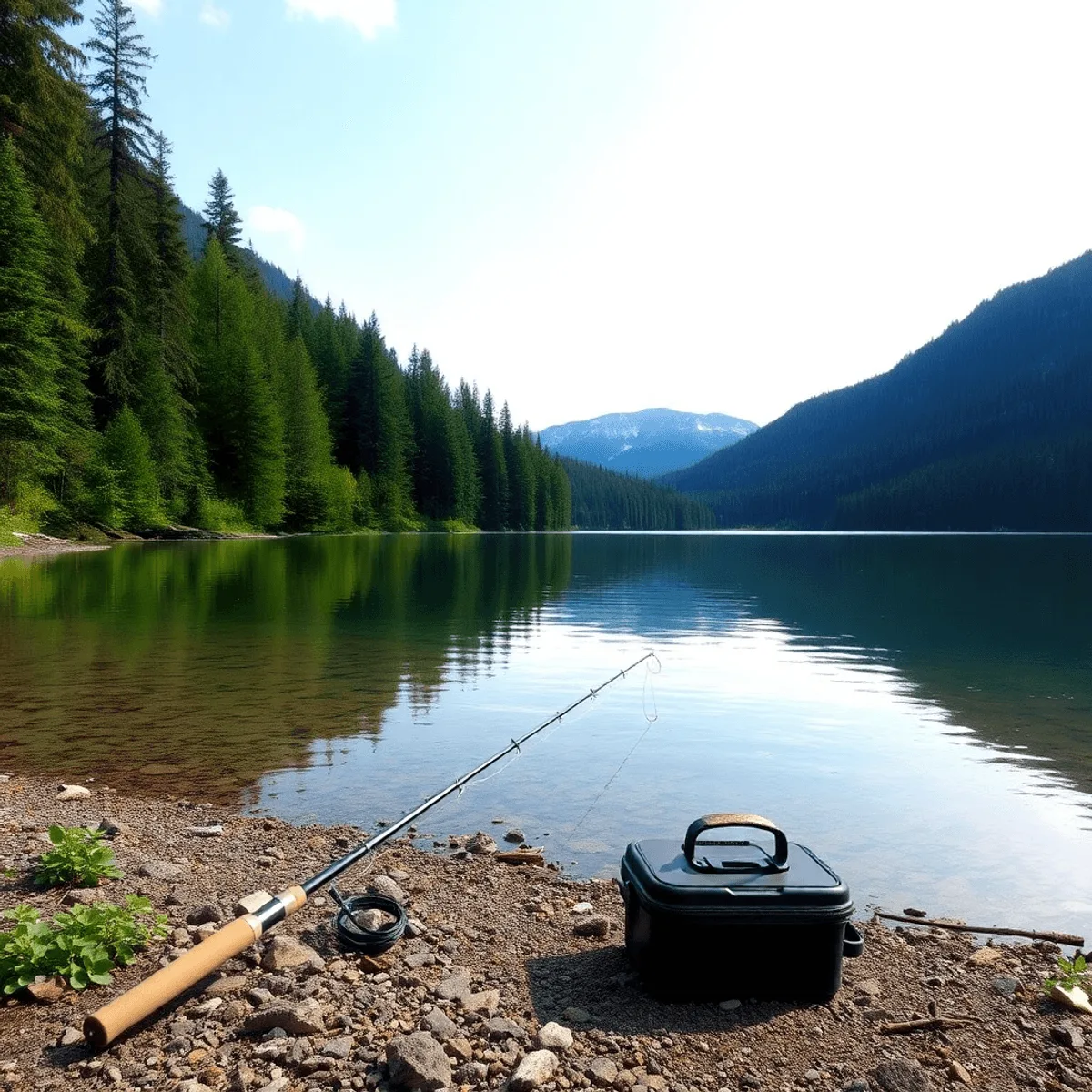 A peaceful Canadian lake framed by lush forests, with a fishing rod and tackle box on the shore, embodying the tranquility of nature and the joy of fishing. canadian fishing license non-resident 