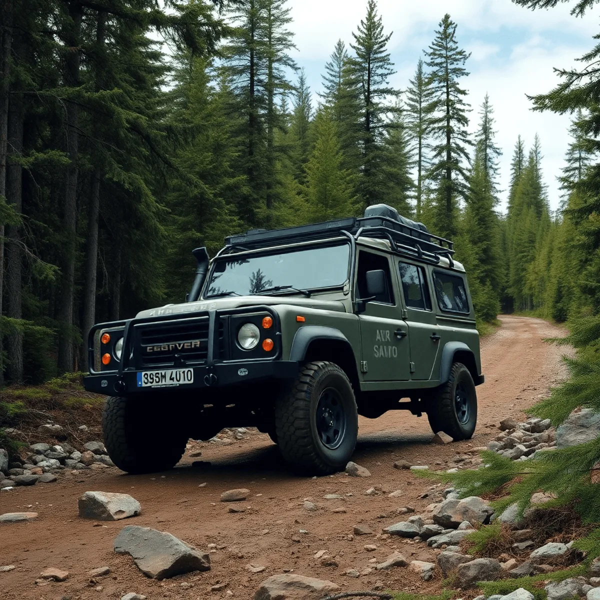 A rugged off-road vehicle navigating a dense forest trail, surrounded by tall trees and rocky terrain, highlighting its adventure-ready features for challenging landscapes.