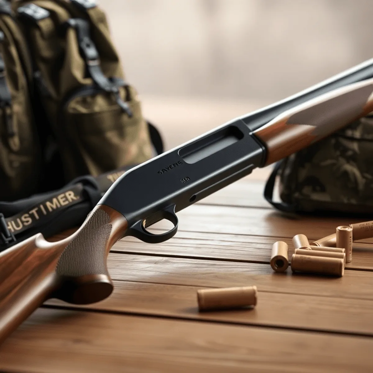 A close-up of a Savage Stevens 320 shotgun on a wooden table, surrounded by hunting shells and a camouflage backpack, illuminated by soft natural light.