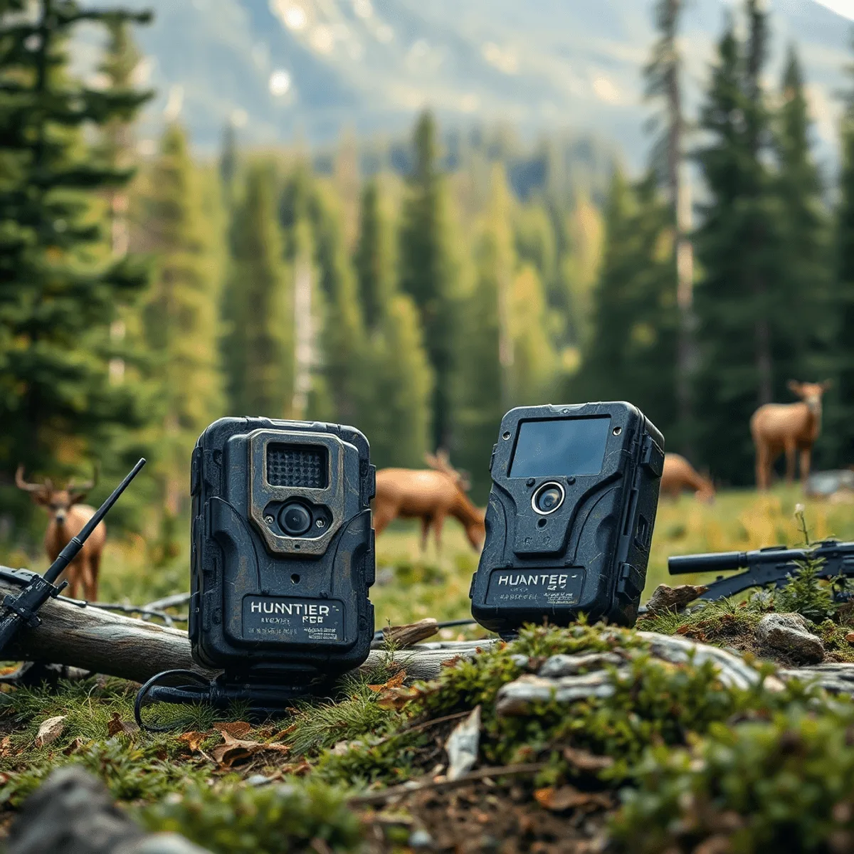 A high-quality hunting camera positioned in a lush Canadian wilderness, surrounded by forests and wildlife, showcasing its durability and advanced technology.