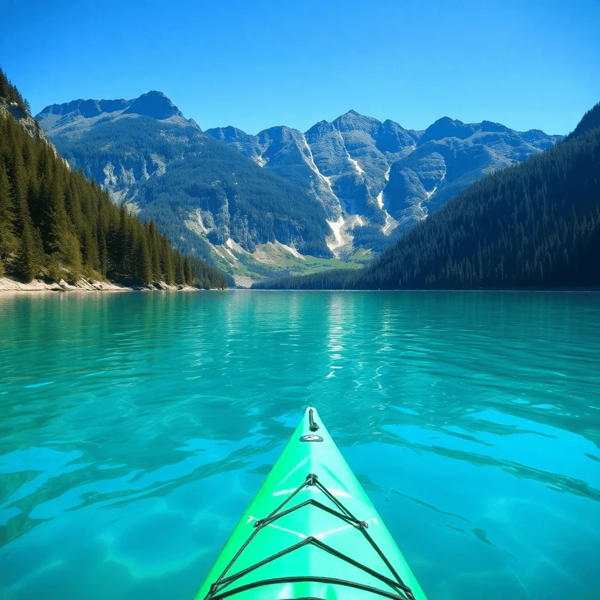 Gunpost - A kayaker glides through clear blue waters, framed by lush green forests and towering mountains, capturing the essence of adventure in British Columbia's stunning landscape.