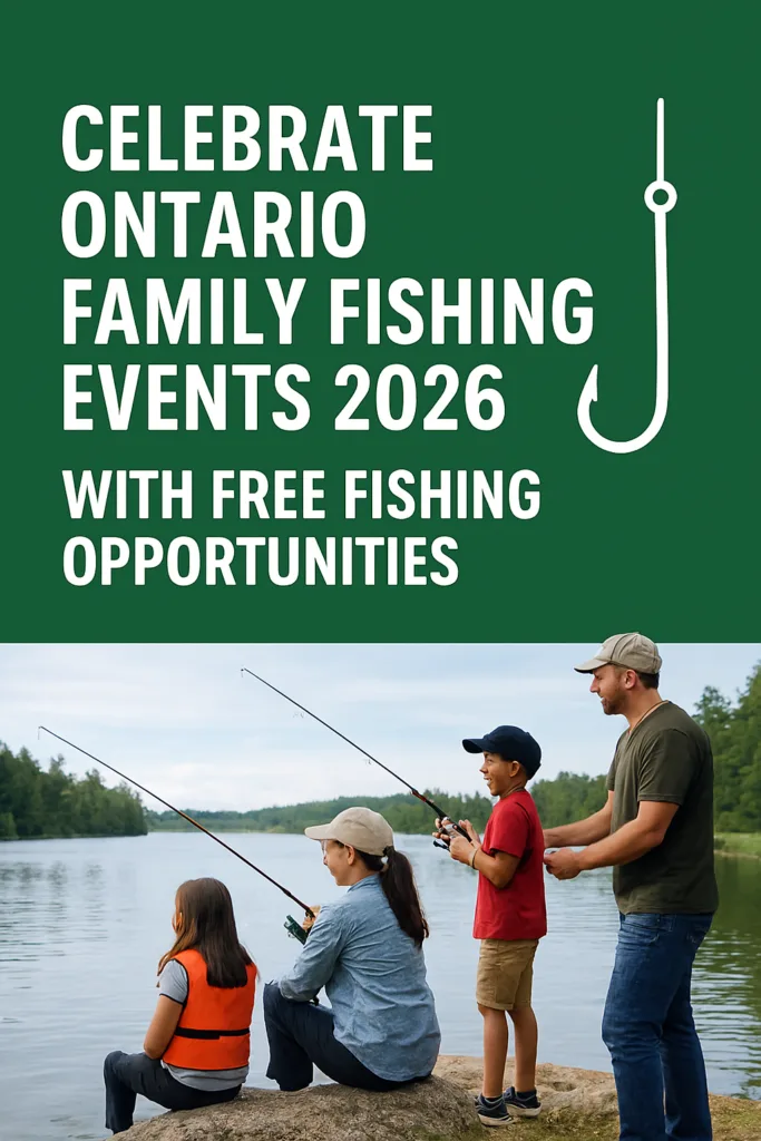 “A Canadian family fishing at a scenic Ontario lake during Ontario Family Fishing Day Events 2026, with a green banner promoting free fishing opportunities.”