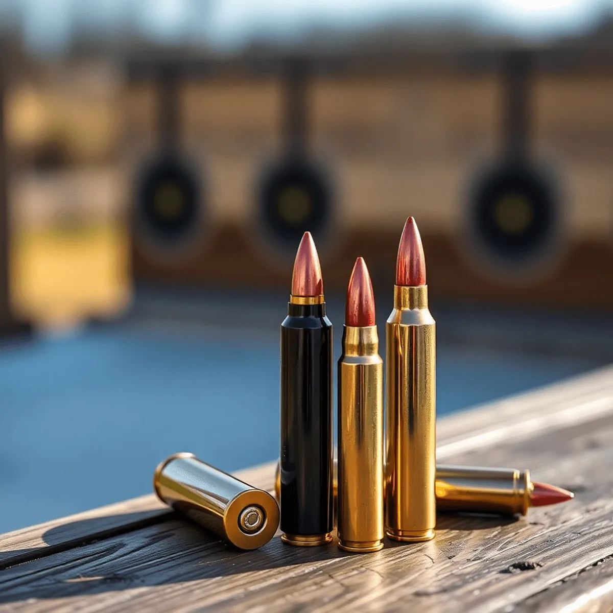 Close-up image of three rifle cartridges: 6.5 Creedmoor, .308 Winchester, and .30-06 Springfield, artistically arranged on a wooden shooting bench with a blurred shooting range behind.