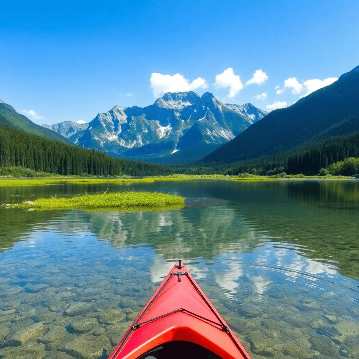 A serene lake surrounded by vibrant greenery and the Rocky Mountains, with a single kayak gently floating on the calm water. Gunpost 