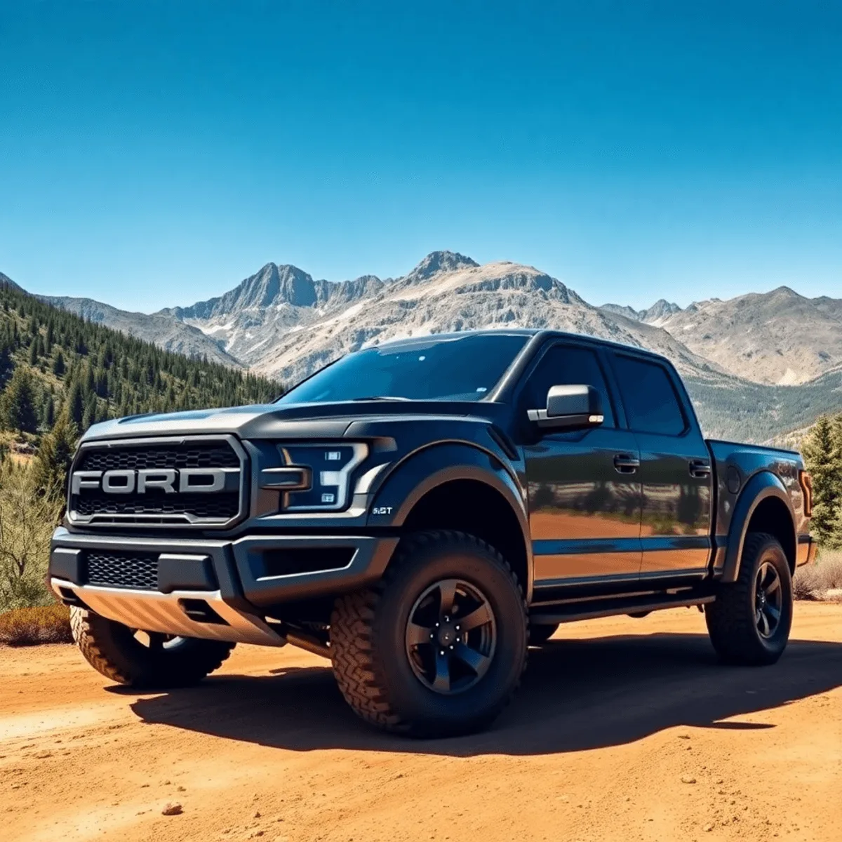 A rugged Ford F-150 Raptor R parked on a trail, surrounded by mountains and trees under a clear blue sky, highlighting its powerful design.