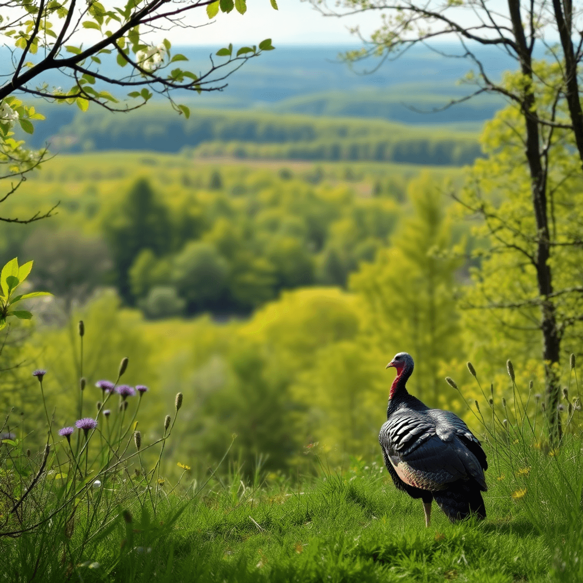 A vibrant Ontario landscape in spring, showcasing lush greenery and wildflowers, with a silhouette of a wild turkey in the foreground, evoking adventure and excitement.
