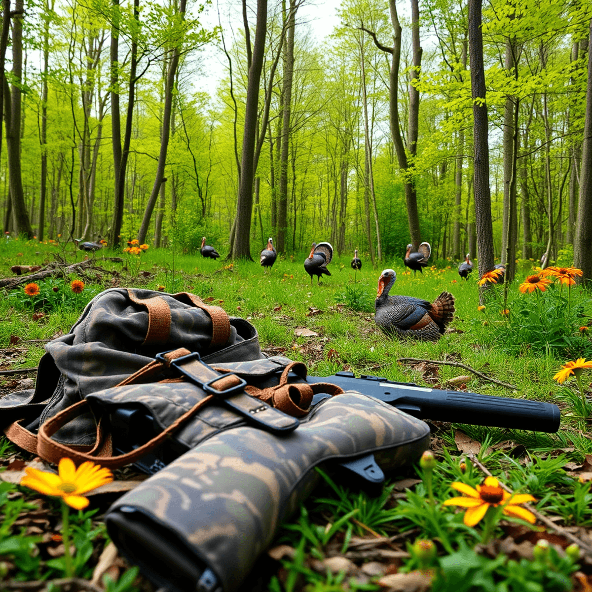A lush Ontario forest in spring with vibrant greenery and wildflowers, showcasing camouflaged hunting gear on the ground and hints of wild turkeys in the background.