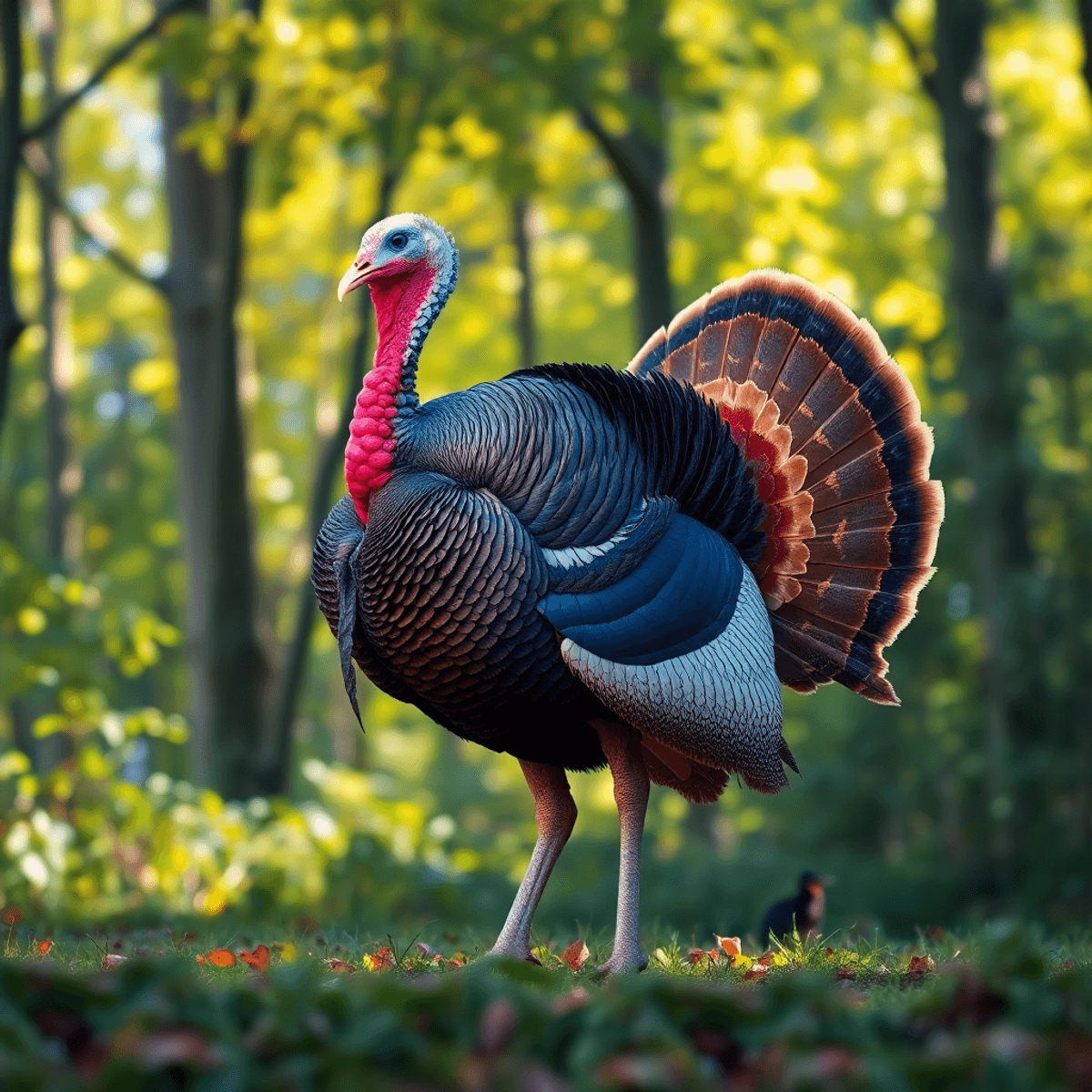 A majestic Eastern Wild Turkey stands in a lush forest, showcasing its distinct plumage and longer legs amidst trees and vibrant foliage.