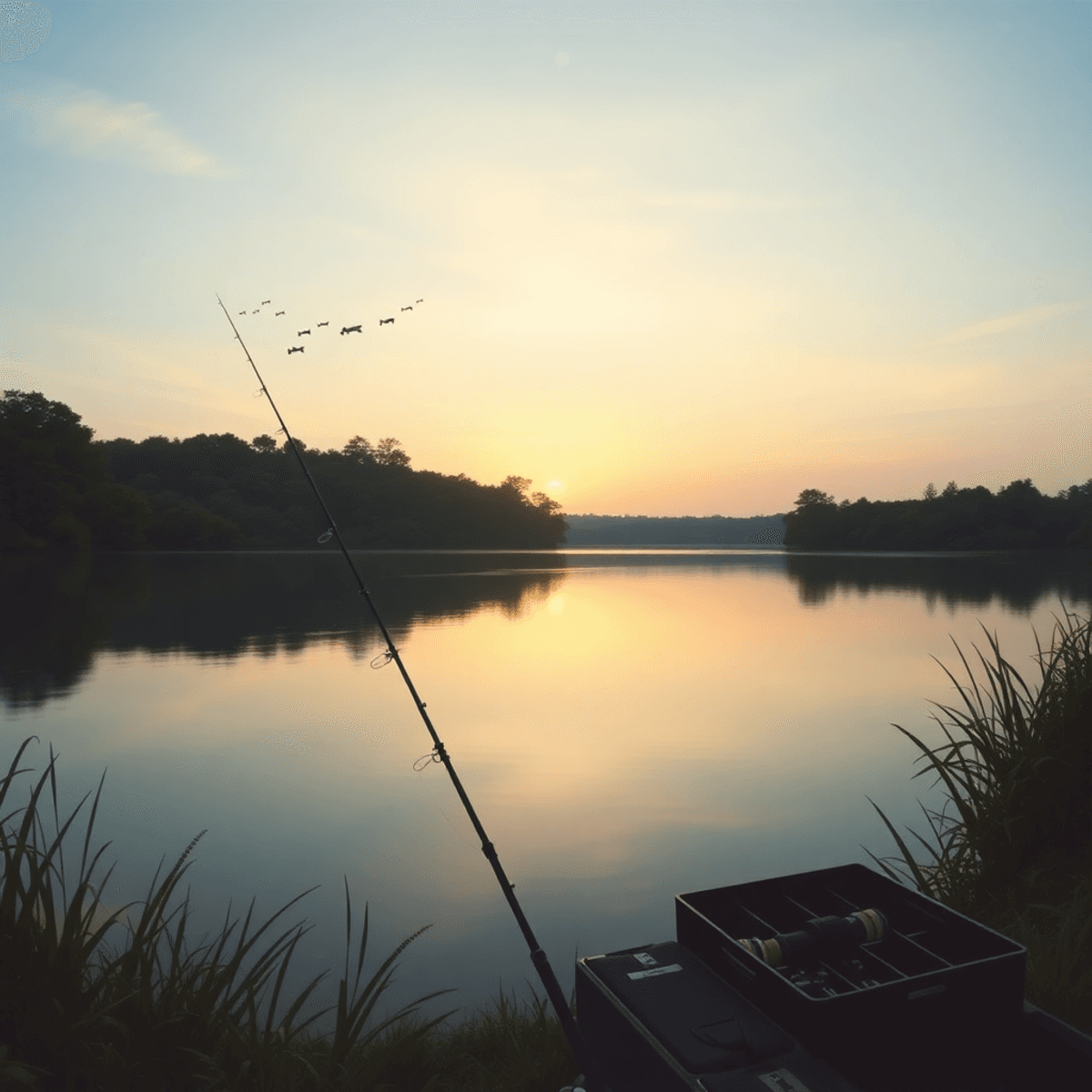A tranquil dawn fishing scene with a calm lake, 2025 Solunar Calendar