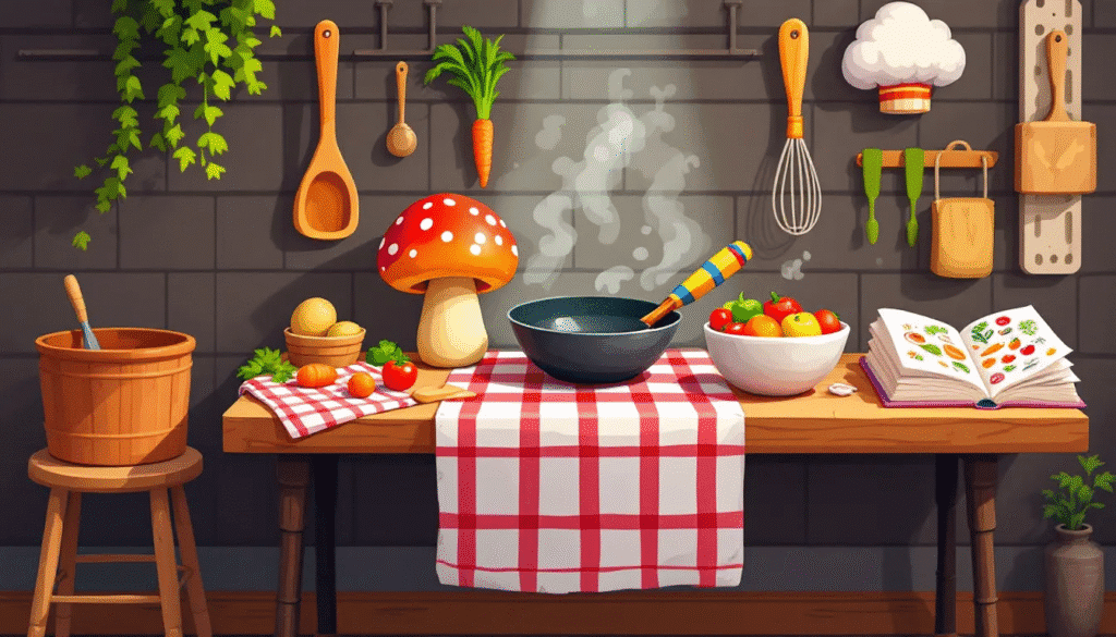 A themed cooking challenge setup with various cooking utensils and ingredients.