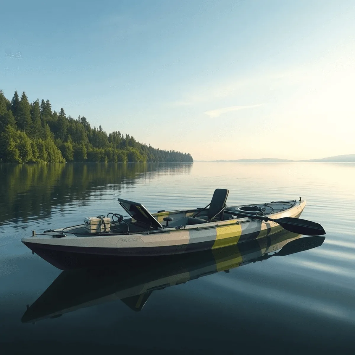 A modern fishing kayak with advanced technology floats on a serene Canadian lake, surrounded by lush greenery and calm waters, evoking adventure and tranquility.