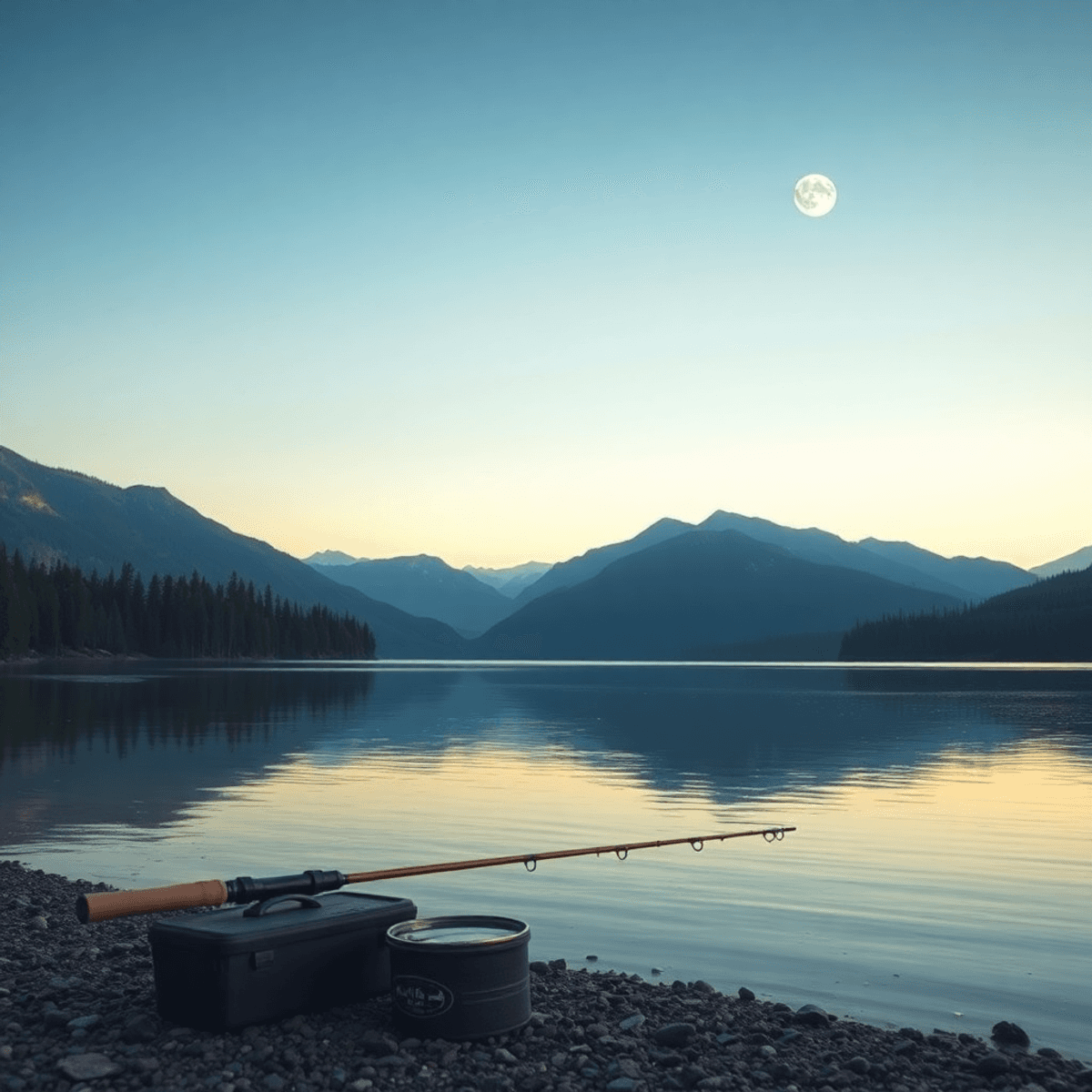 A peaceful Canadian lake at dawn, framed by forests and mountains. A fishing rod and tackle box sit on the shore, with the moon glowing in the sky, creating a calm atmosphere.