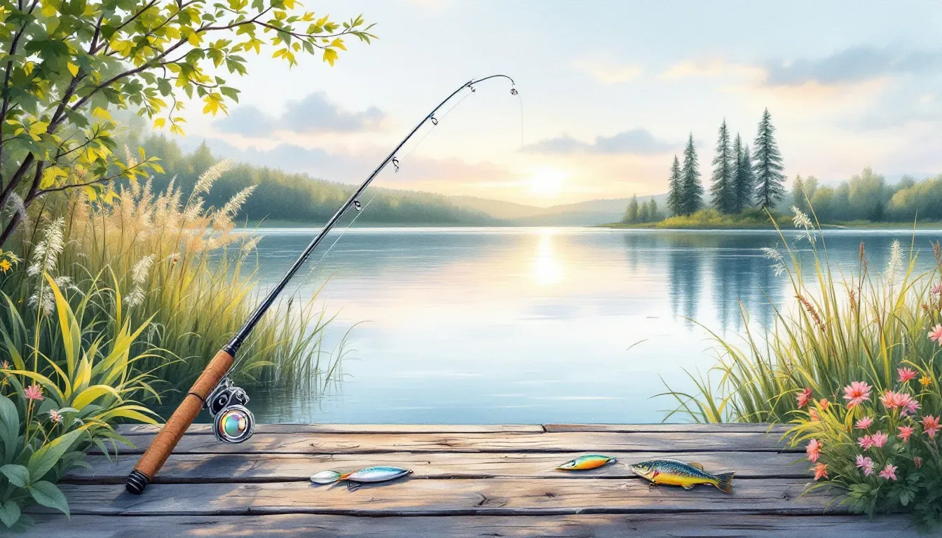 A serene fishing spot with a trout rod and fishing lures, perfect for trout fishing.