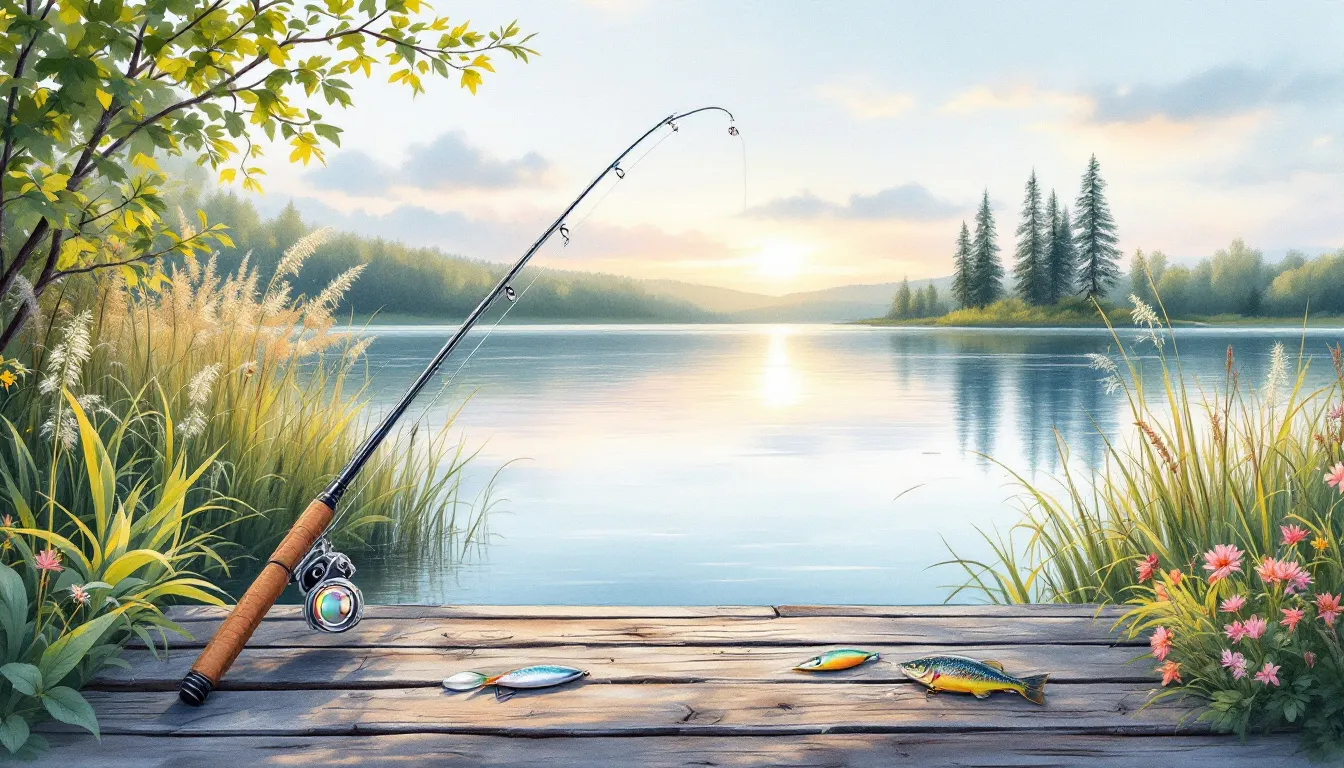A serene fishing spot with a trout rod and fishing lures, perfect for trout fishing.