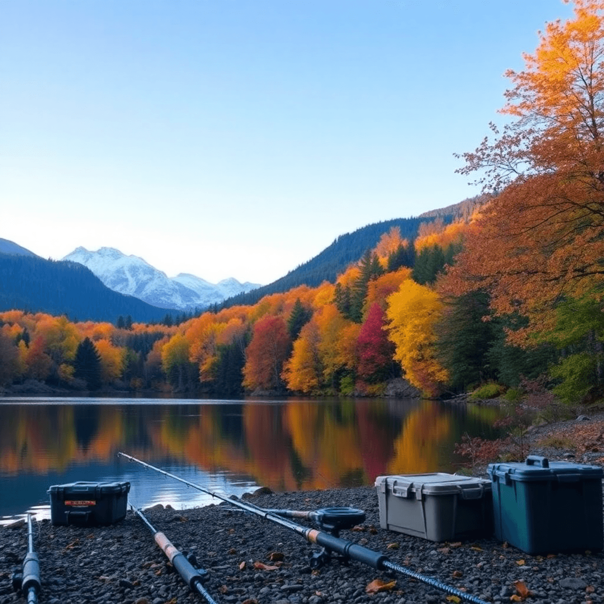 2025 Solunar Calendar. A tranquil lake in Canada, framed by colorful autumn leaves, with fishing rods and tackle boxes on the shore, reflecting vibrant fall hues in the clear water.