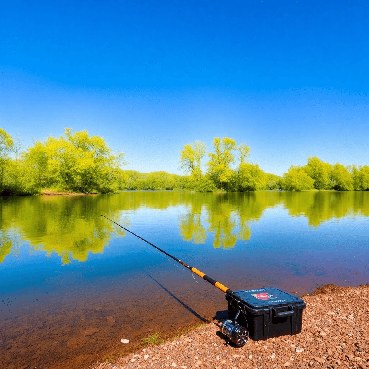 A tranquil Canadian lake in spring, with clear blue skies and lush green trees reflecting on the water, featuring a fishing rod and tackle box on the shore.