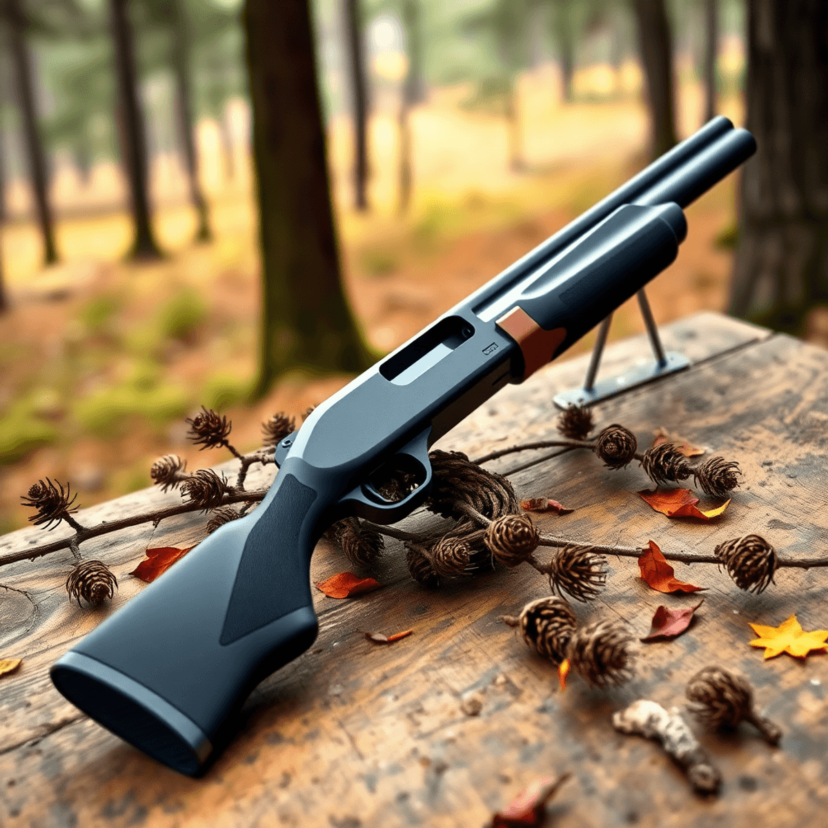 A modern shotgun rests on a wooden table, surrounded by pine branches and leaves, with a soft-focused forest in the background, capturing an adventurous outdoor vibe.