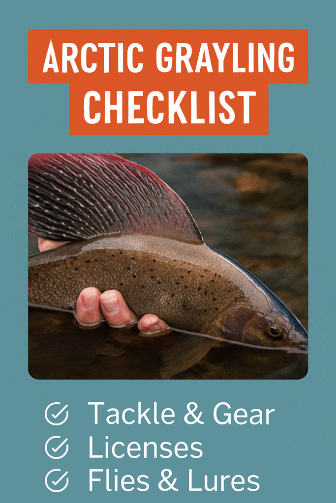 Angler holding a shimmering Arctic Grayling with its iconic sailβlike dorsal fin fanned out.