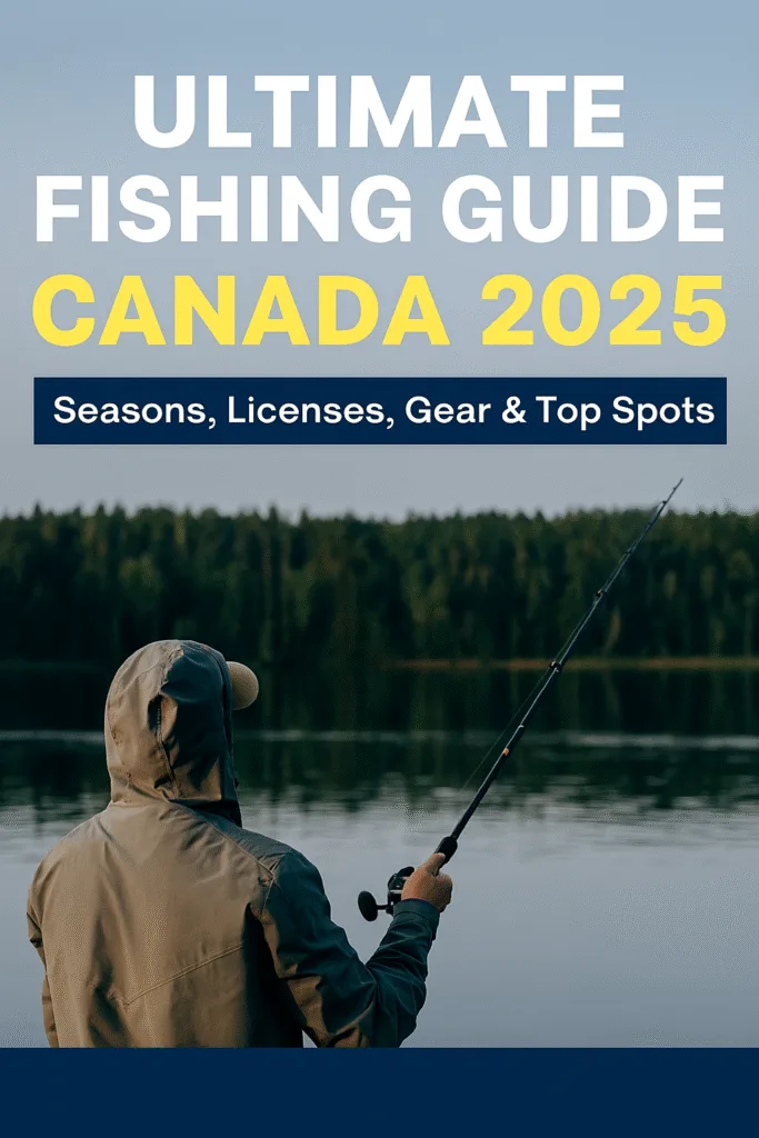 Angler casting a fishing line on a calm Canadian lake at sunrise, surrounded by pine trees and mist, with text overlay reading βUltimate Fishing Guide Canada 2025 β Seasons, Licenses, Gear & Top Spots