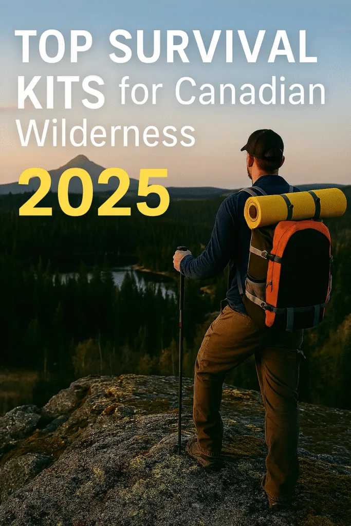 Hiker with survival backpack standing on a mossy ridge overlooking Canadian wilderness at sunset, with forested valleys and distant mountains in view
