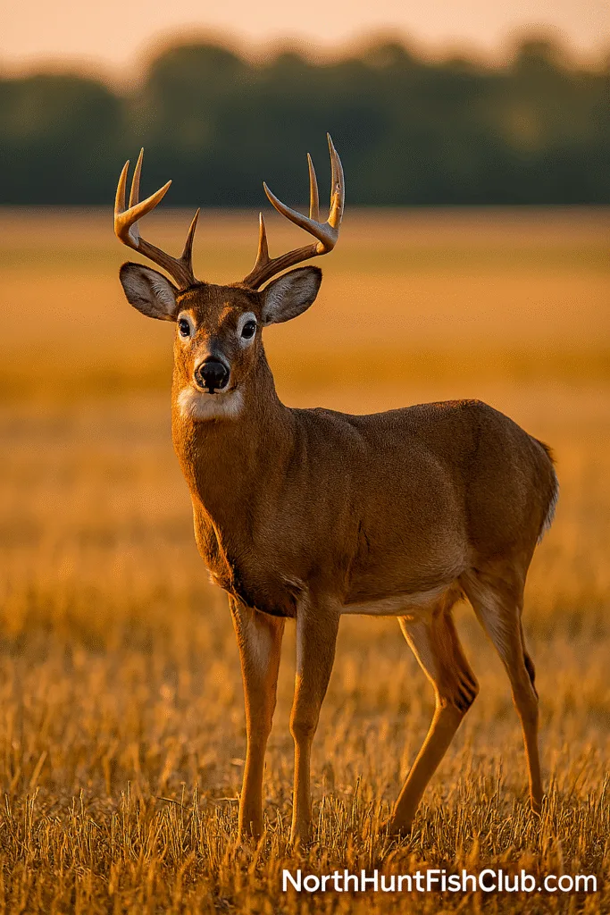 "White‑tailed deer buck in Manitoba farmland during 2025 hunting season."