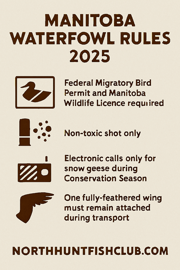 Infographic summarizing Manitoba waterfowl hunting rules 2025 including licensing, nonβtoxic shot, electronic call restrictions, and transport requirements