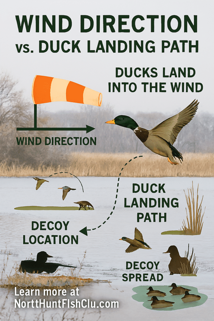 Educational diagram showing how ducks land into the wind over a Canadian wetland. Includes a wind sock indicating wind direction, a mallard duck in flight following a curved landing path, labeled decoy spread on water, and blind location among reeds.