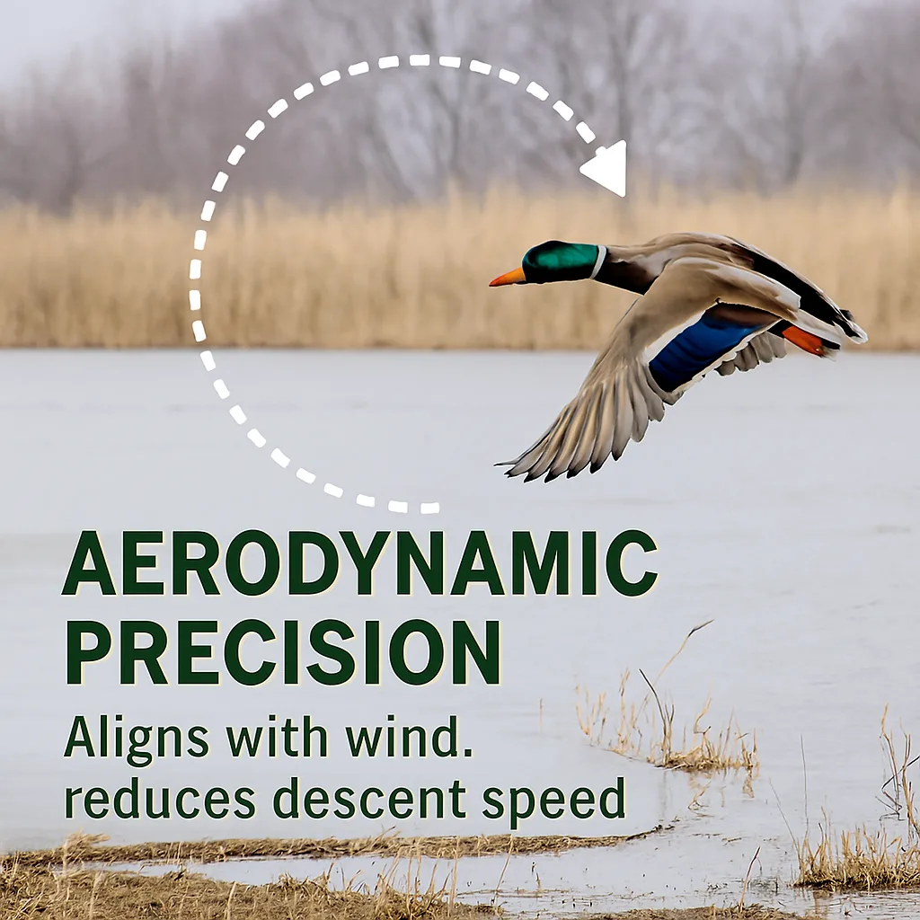 Diagram showing a mallard duck in mid-flight above a partially frozen Canadian wetland. A circular dashed arrow illustrates the duck’s aerodynamic flight path as it aligns with wind direction before landing. Background includes reeds, ice patches, and calm water.