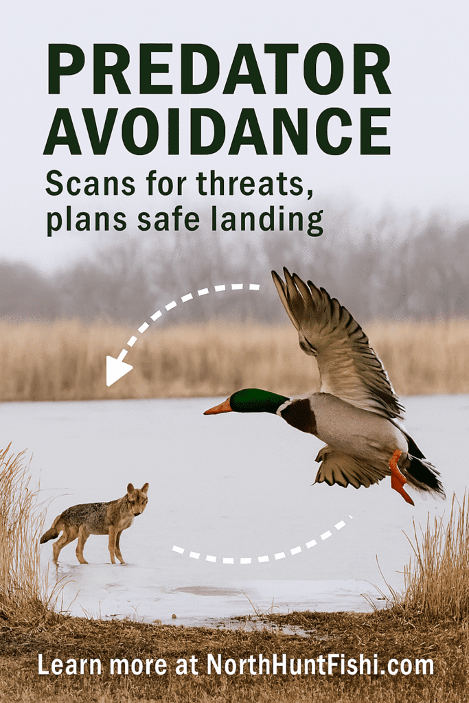 Diagram titled ‘Predator Avoidance: Scanning for Threats Before Touchdown’ showing a mallard duck in mid-flight above a partially frozen wetland. A coyote crouches near tall reeds, illustrating predator presence. A dashed arc overlays the duck’s flight path as it scans for threats.