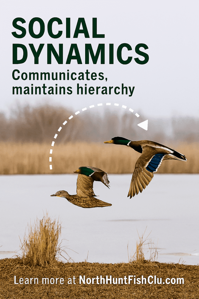Diagram titled ‘Social Dynamics: Communication and Hierarchy in Flight’ showing three mallard ducks in staggered flight formation above a partially frozen wetland. A curved arrow illustrates flight coordination and hierarchy from lead to trailing birds. Includes male and female mallards, vocal cue icons, and caption ‘Communicates, maintains hierarchy.’
