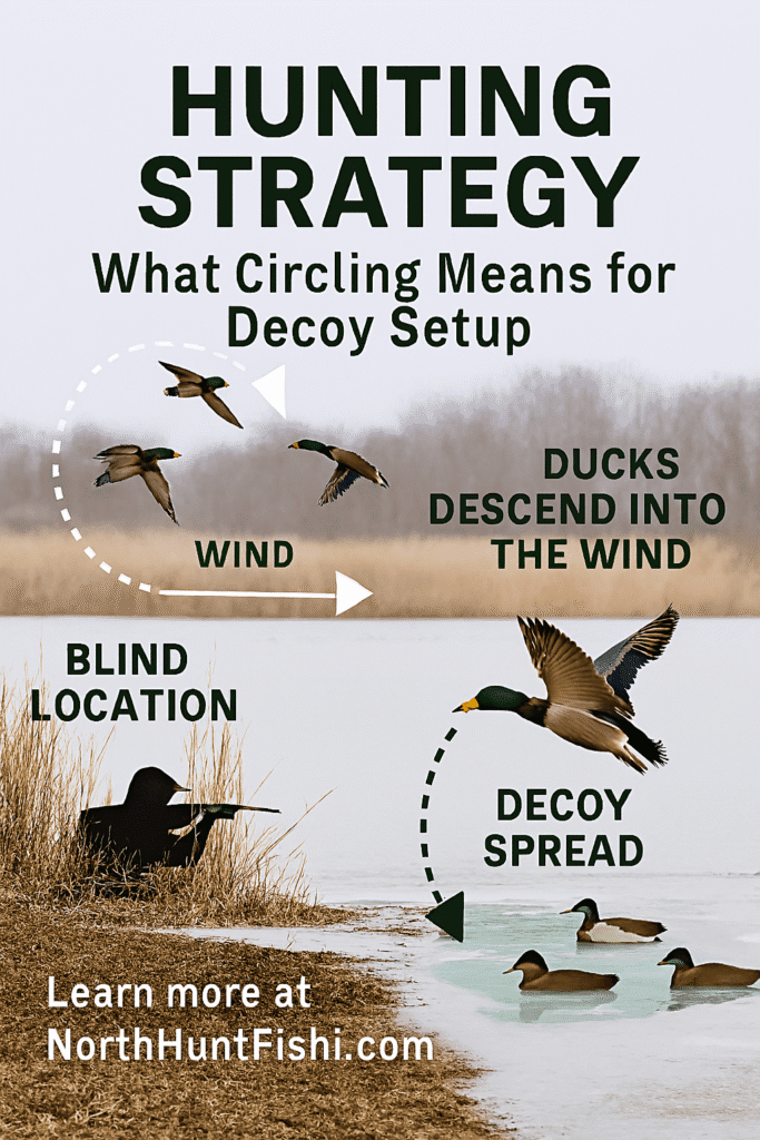 Hunting Strategy: What Circling Means for Decoy Setup’ showing mallard ducks circling above a Canadian wetland. Includes labeled wind direction arrow, duck descent path, decoy spread aligned with wind, and hunter blind location among reeds. Real photographic background with ice patches, water, and trees.