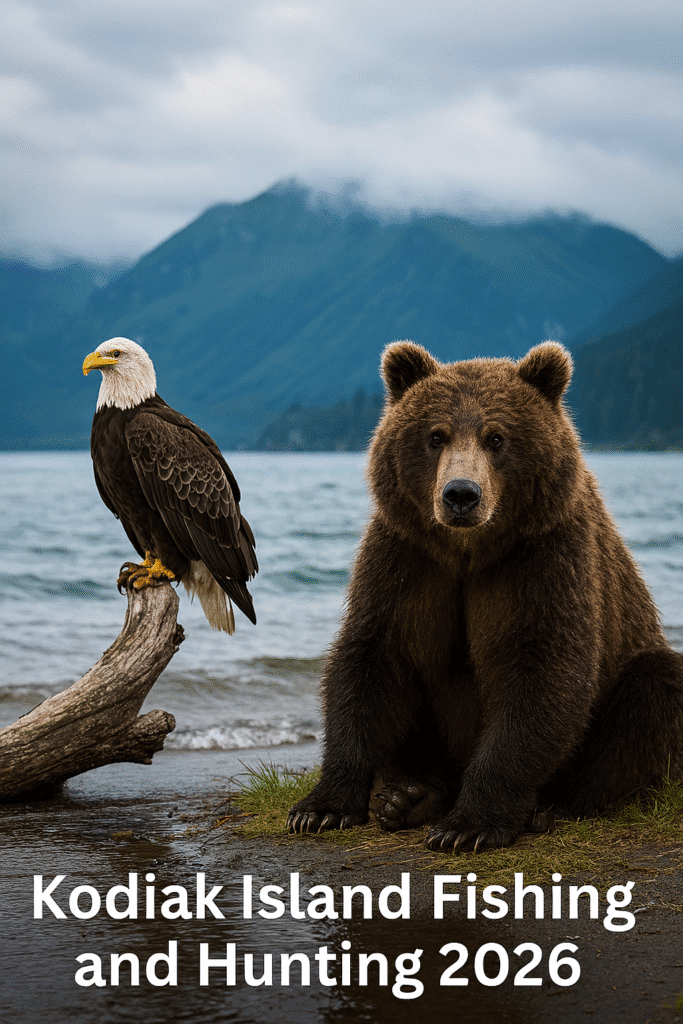“Kodiak Island fishing and hunting 2026 – Kodiak brown bear standing near a salmon stream with misty mountains in the background.”