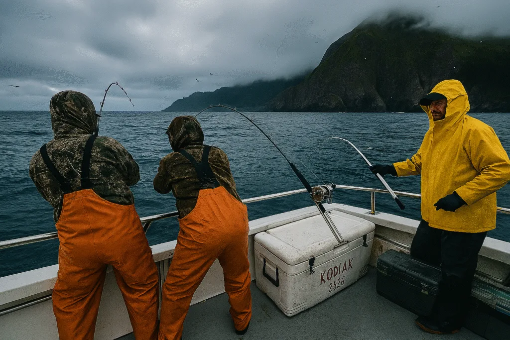 “Kodiak Island fishing and hunting 2026 – anglers in orange bibs fighting giant halibut on a charter boat, with a deckhand ready to gaff and misty Kodiak cliffs in the background.”
