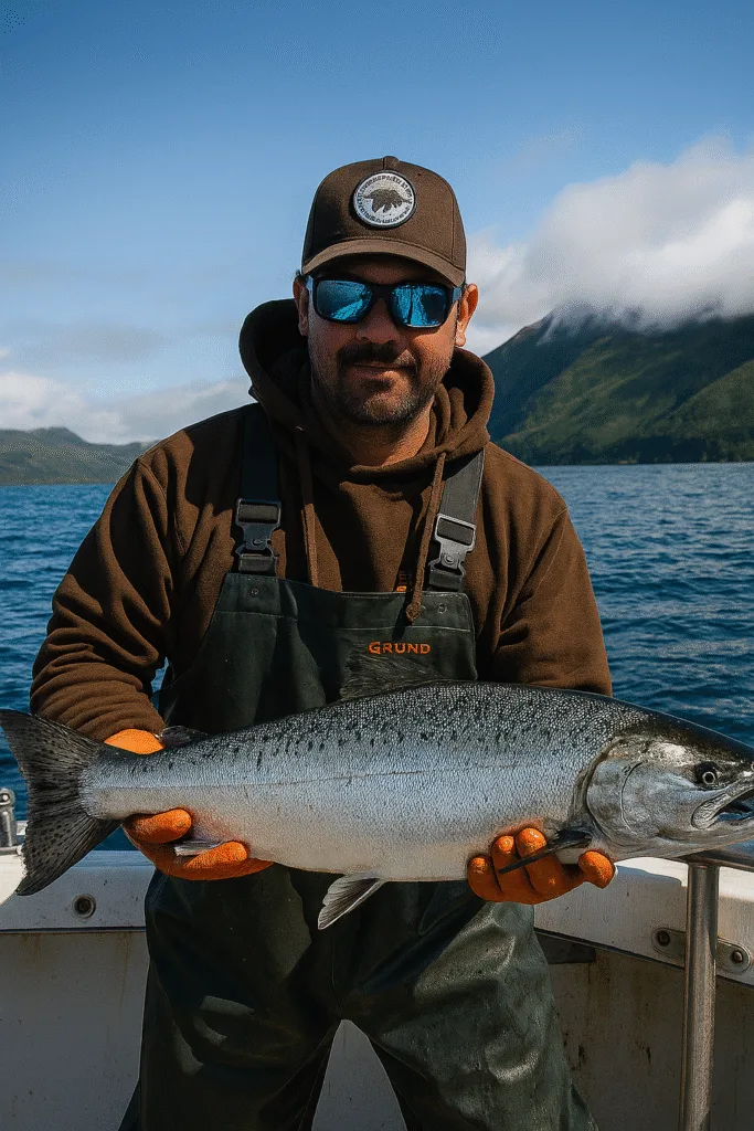 “Kodiak Island fishing and hunting 2026 – anglers on a charter boat reeling in halibut with rugged shoreline in the distance.”