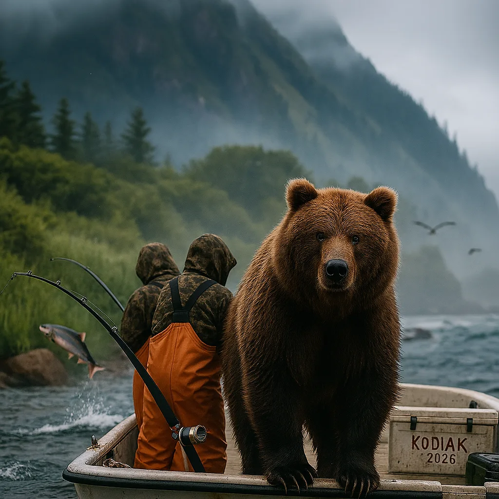 "Kodiak brown bear at a salmon stream, anglers on a halibut charter, a Sitka blacktail deer on a ridge, and a floatplane landing near a remote lodge with misty mountains in the background.”