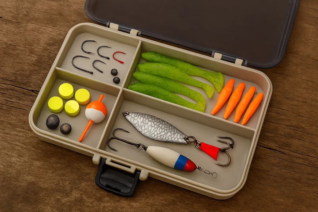 A clean, organized tackle box with foam inserts, labeled compartments, and bright lures