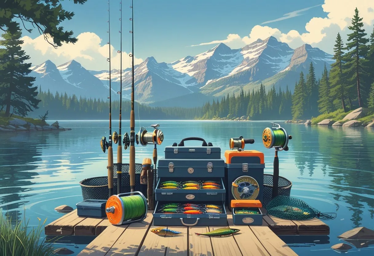 Fishing gear including rods, reels, tackle boxes, and nets arranged on a wooden dock by a lake with pine trees and mountains in the background.