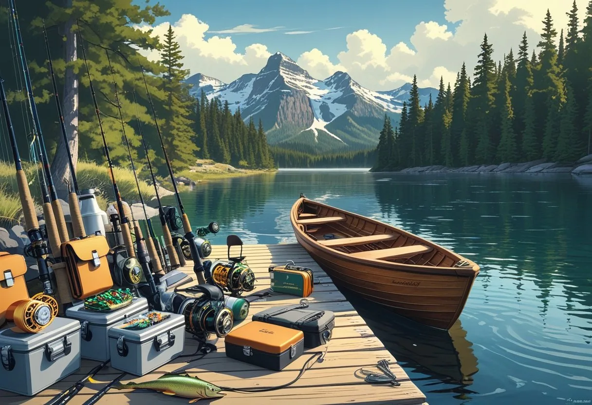 Fishing gear including rods, lures, tackle boxes, and waders arranged on a wooden dock by a lake with pine trees and mountains in the background.