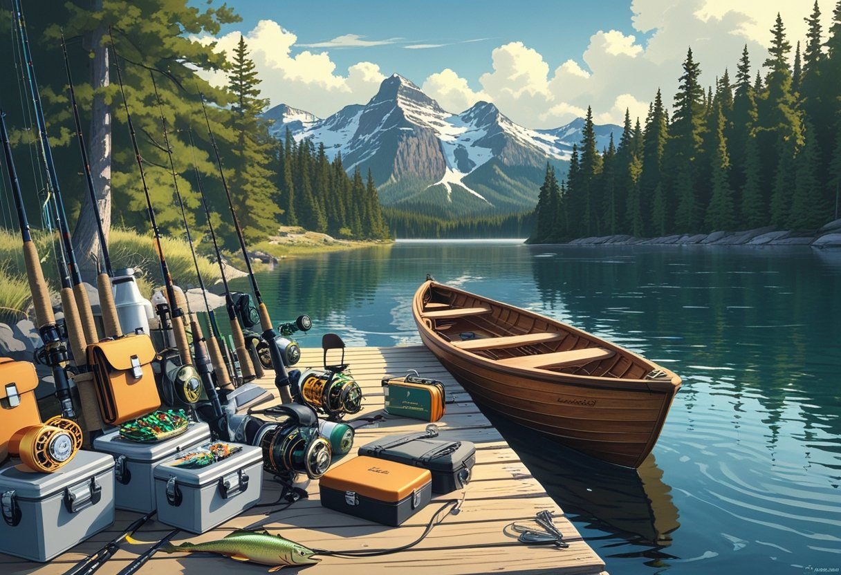 Fishing gear including rods, lures, tackle boxes, and waders arranged on a wooden dock by a lake with pine trees and mountains in the background.
